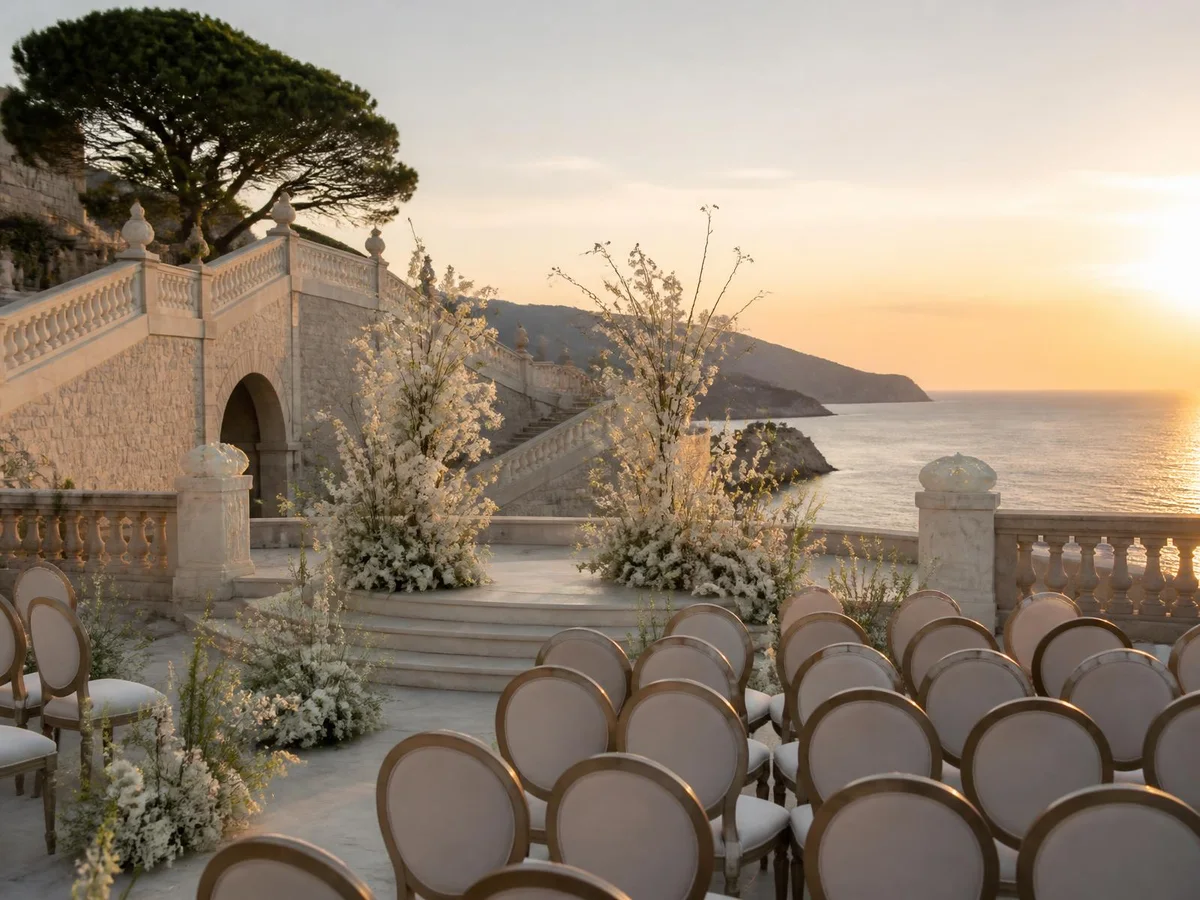 Oceanfront resort terrace set for a wedding ceremony at golden hour