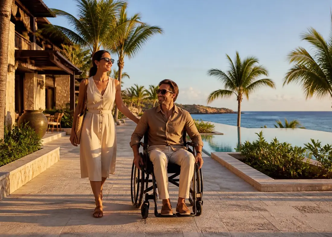 Two travelers, one using a wheelchair, moving along a wide level walkway of an oceanfront resort in late afternoon light