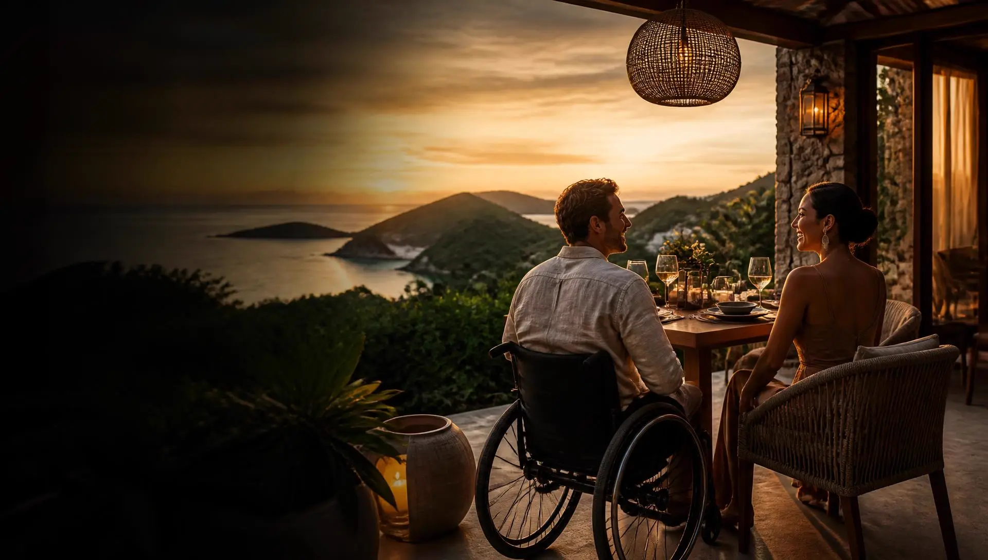 Two travelers sharing dinner on a private villa terrace above a tropical bay at sunset
