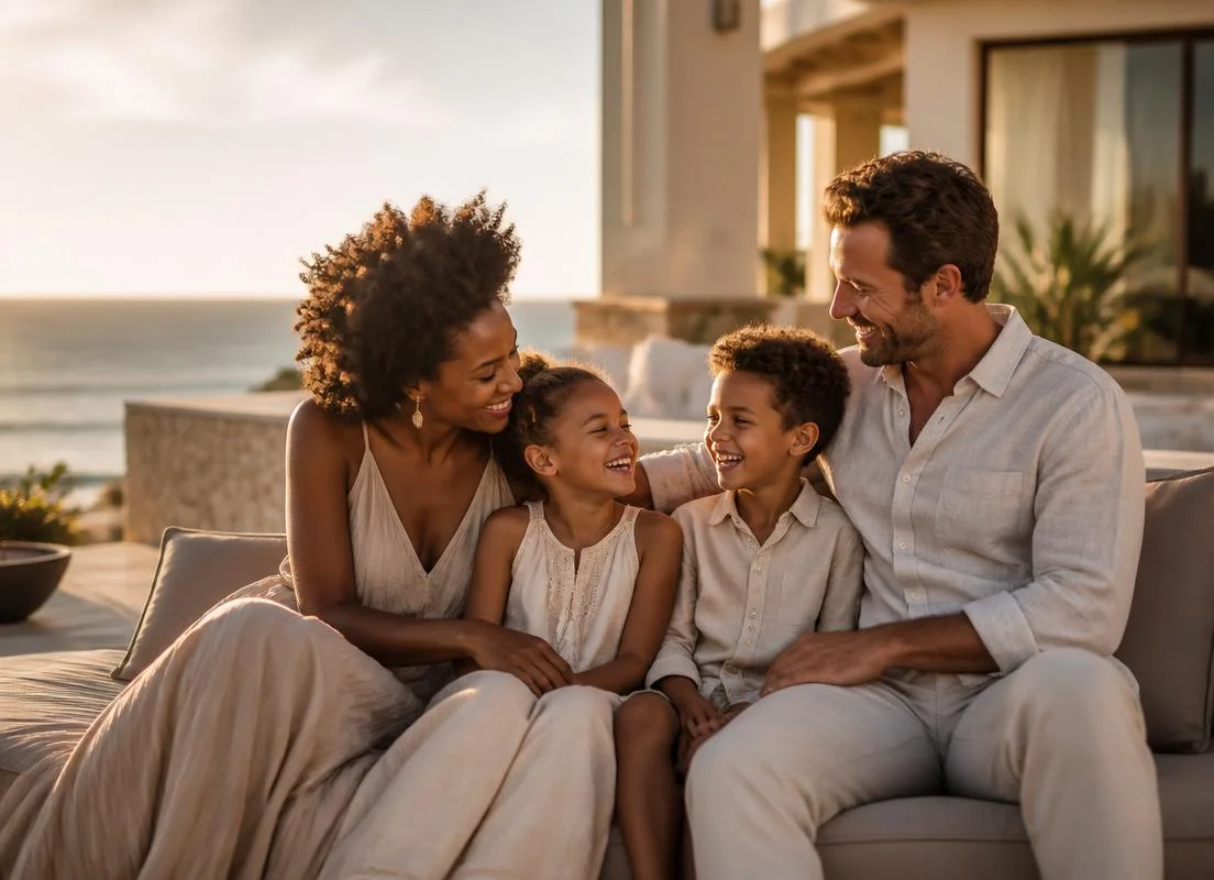 An interracial family enjoying a warm, candid moment together on a luxurious oceanfront resort terrace at golden hour