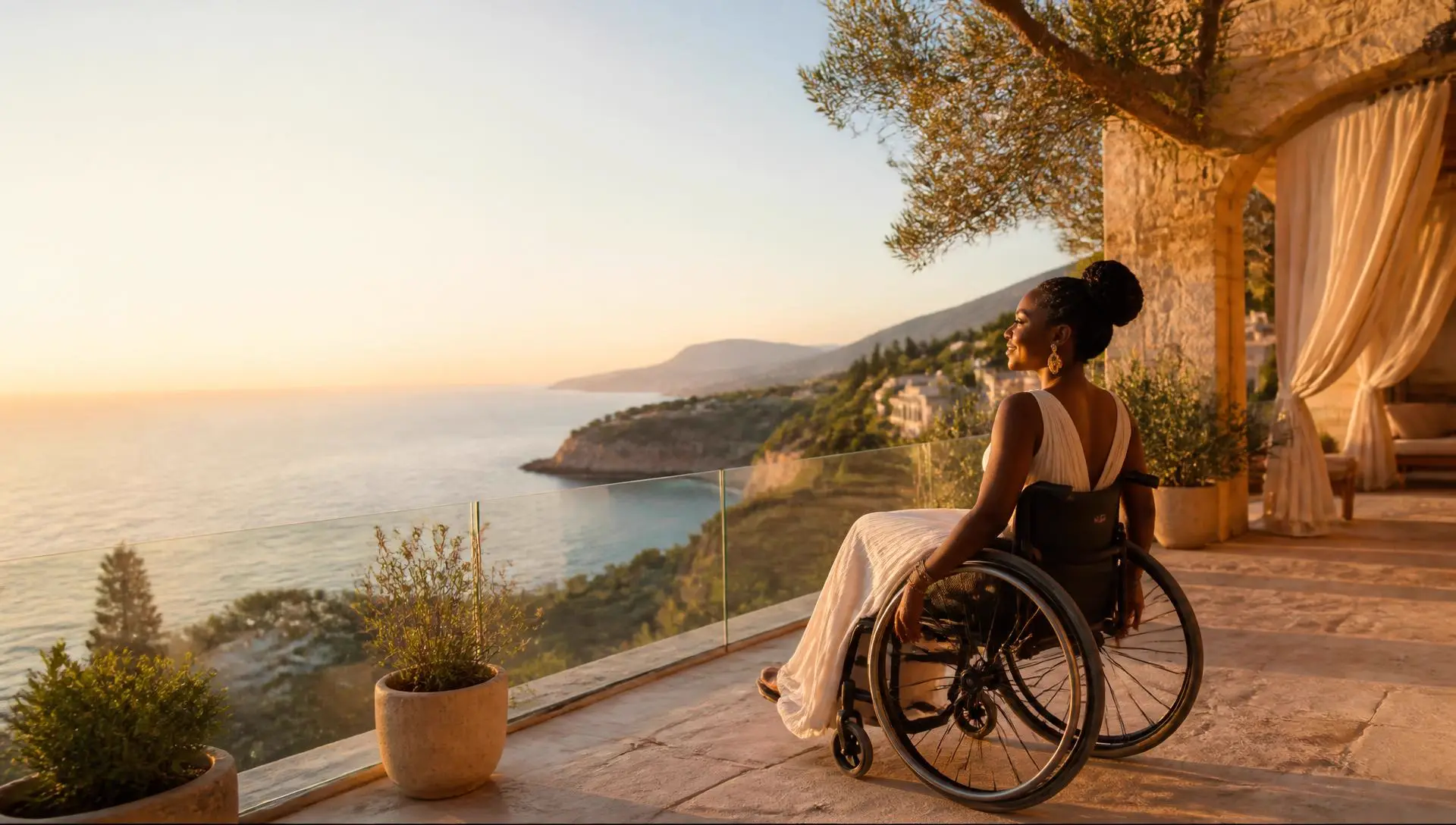 Traveler using a wheelchair on a stone resort terrace at golden hour, looking out over the sea and coastline
