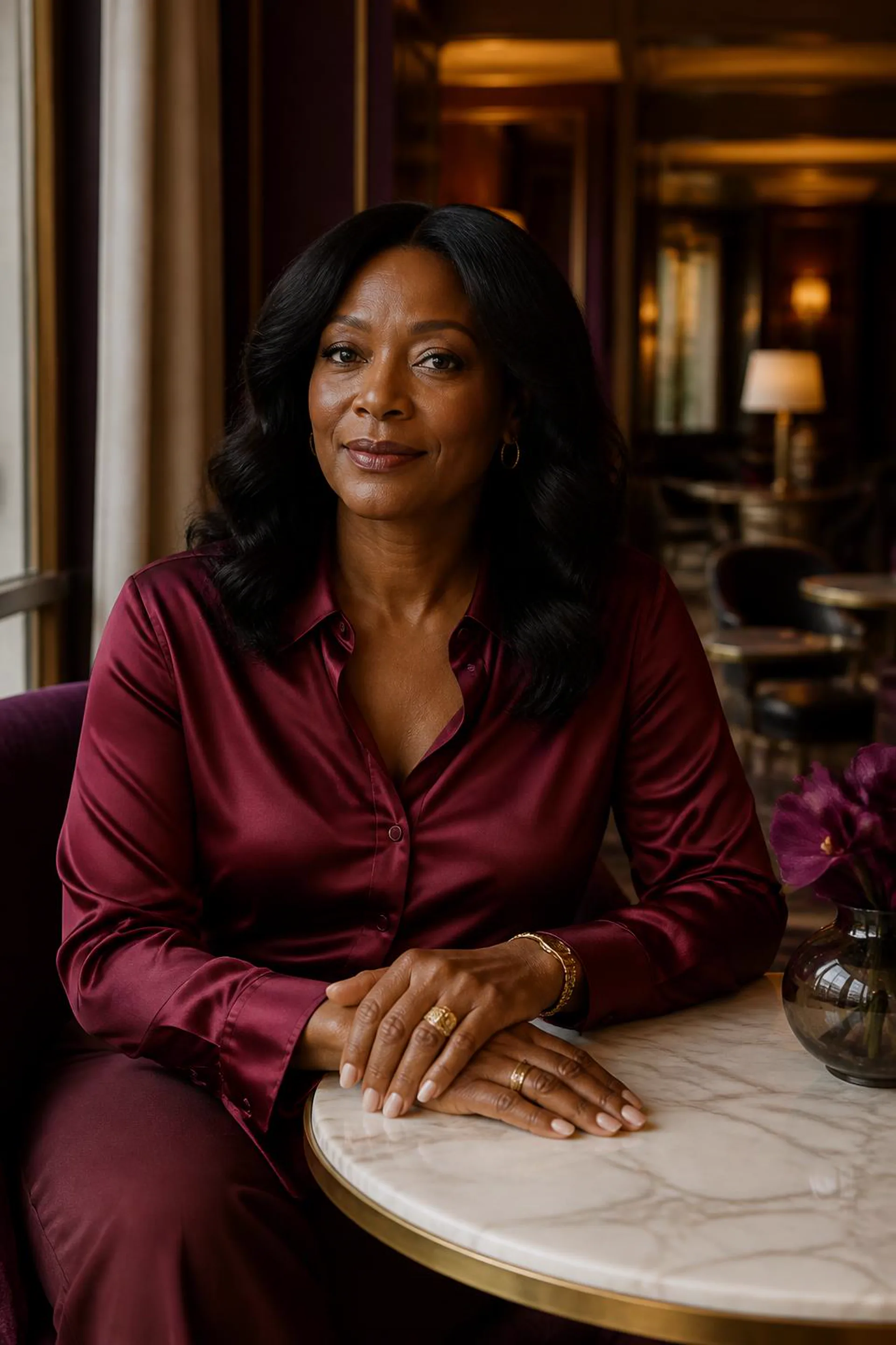 A confident traveler in a burgundy silk blouse seated at a marble table in an upscale hotel lounge, warm lamplight behind her