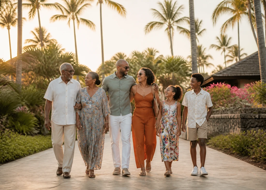 A multigenerational family — grandparents, parents, and two children — walking and laughing together on a palm-lined resort path at golden hour, each in a distinctly individual outfit