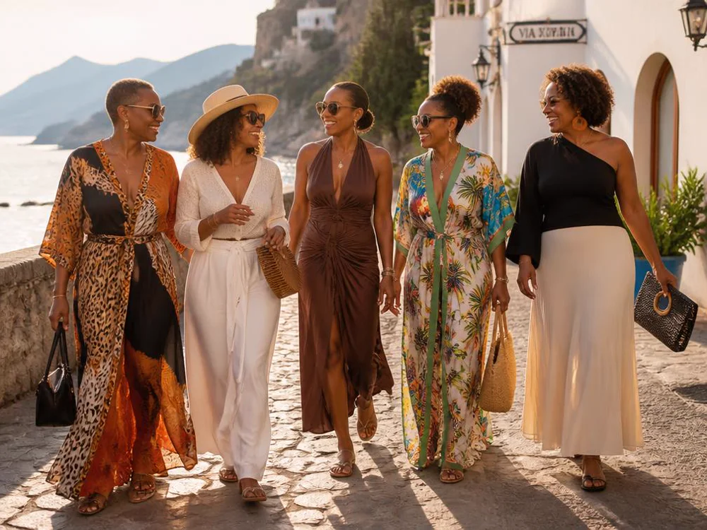 A group of women friends laughing together while walking a sunlit coastal street, each wearing a distinctly different stylish resort outfit
