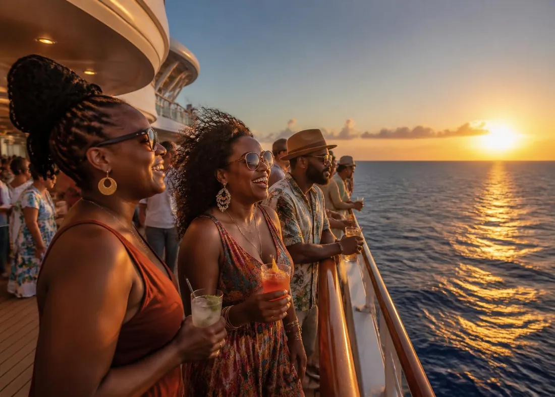 Travelers at the railing of a cruise ship deck watching the sunset over the ocean