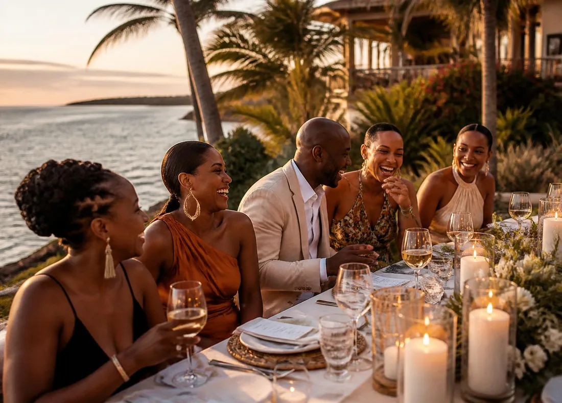 Friends laughing together over a candlelit outdoor dinner on a resort terrace overlooking the ocean at sunset