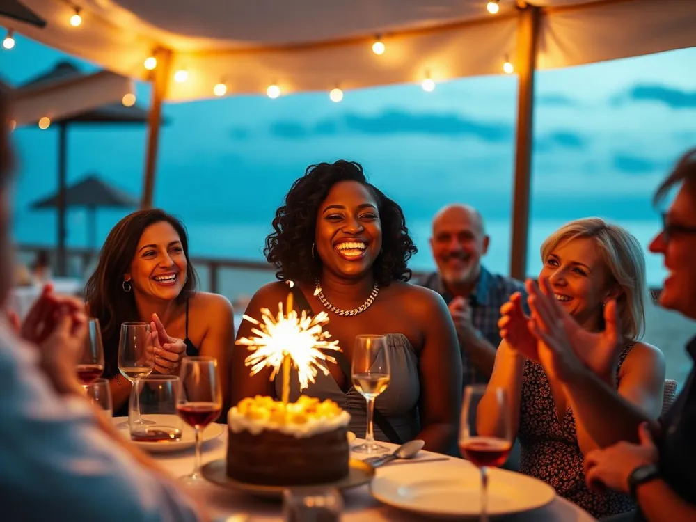 Friends applauding as a woman celebrates a milestone birthday with a sparkler-lit dessert at a beachfront restaurant at dusk