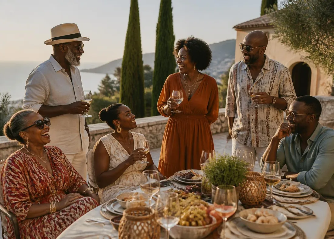 A private group of family and friends laughing over wine and a shared table on a sunlit villa terrace above the sea