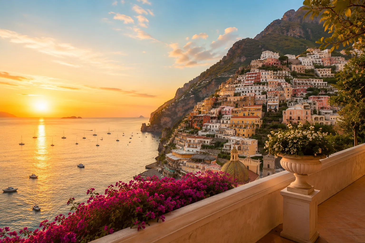 Golden-hour view over the cliffside village of Positano on the Amalfi Coast