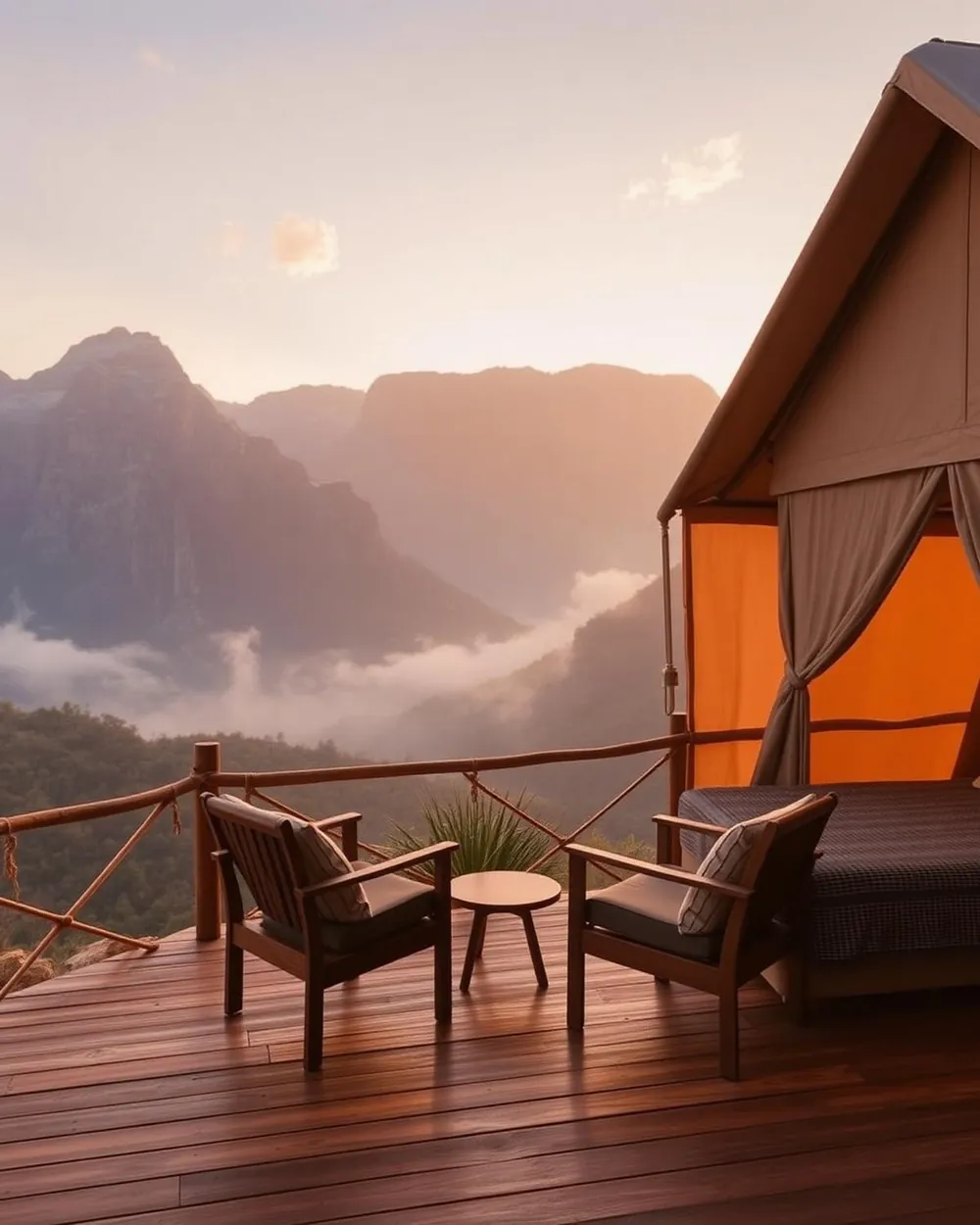 Luxury tented suite deck overlooking a misty mountain valley at sunrise
