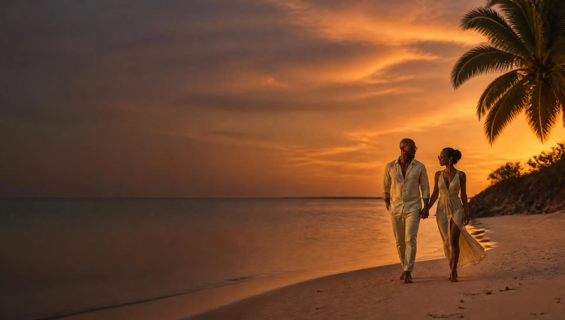 Couple walking along a quiet shoreline at sunset