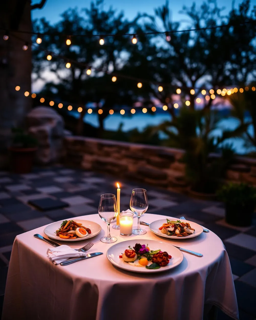Intimate candlelit dinner table for two on a terrace at dusk