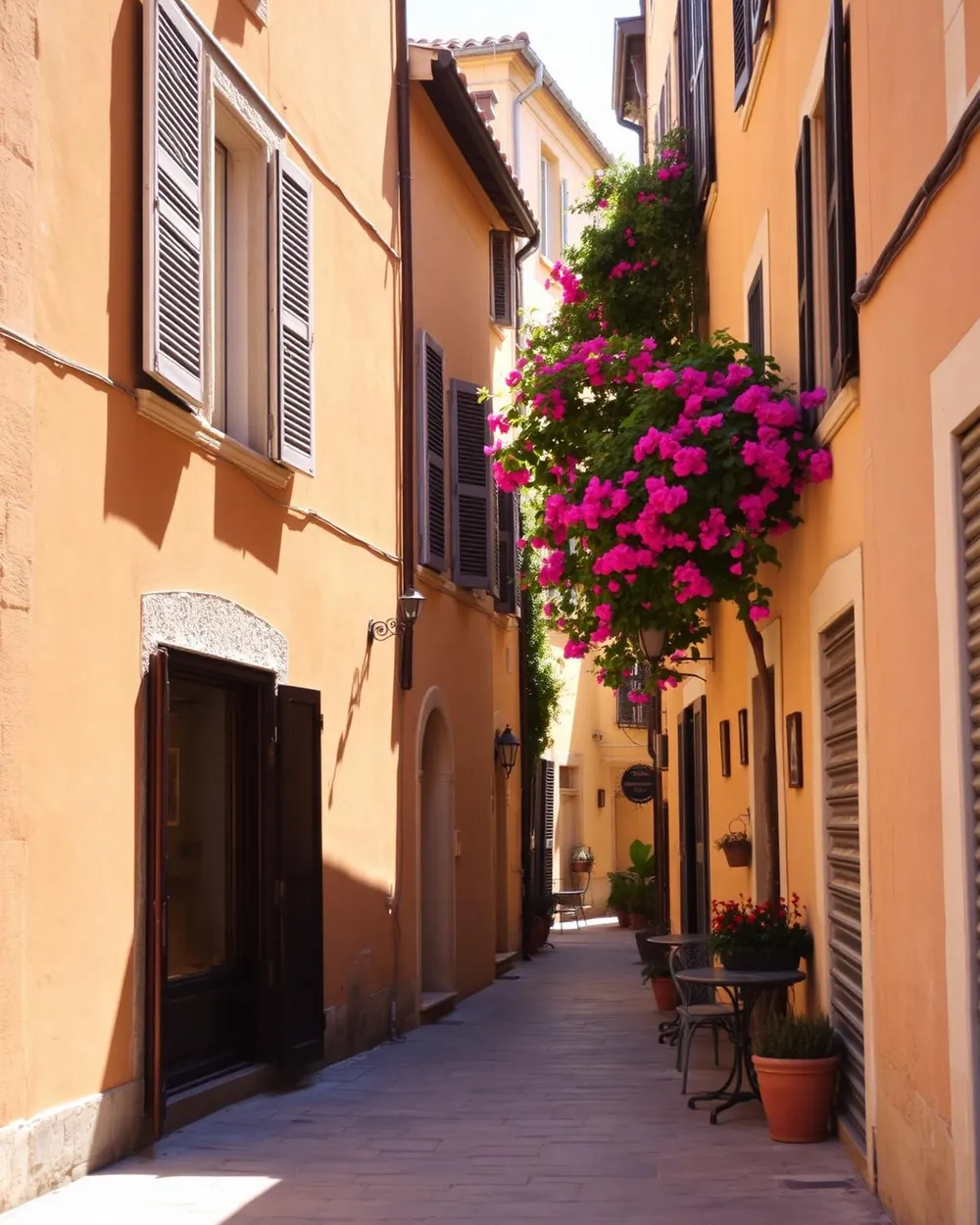 Sunlit old-town street in southern Europe with bougainvillea and cafe tables