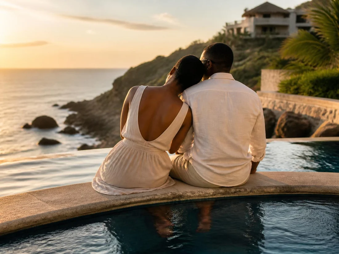 Quiet villa infinity pool overlooking a calm sea in soft morning light