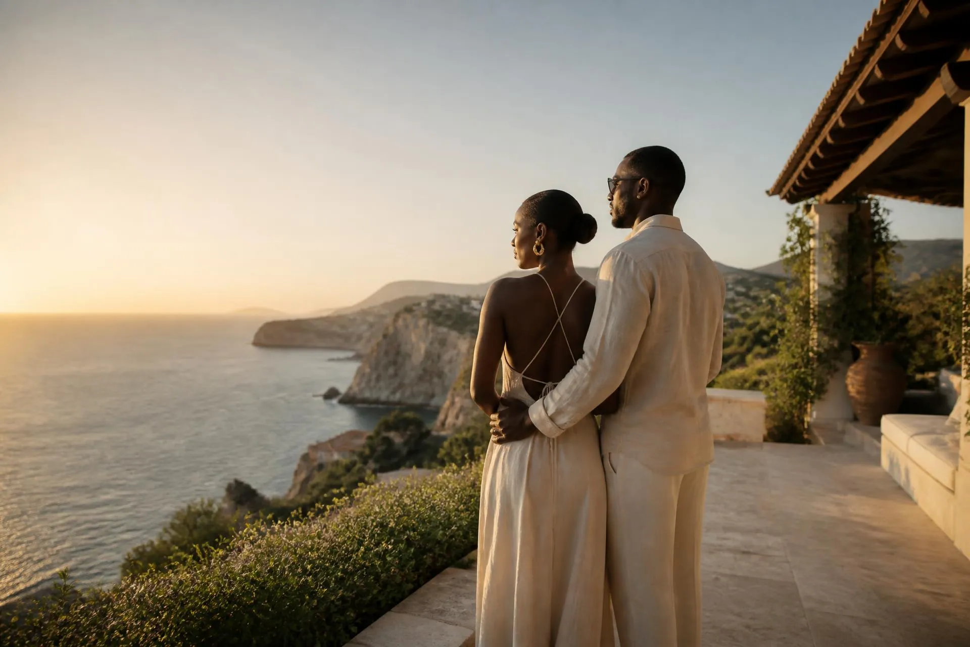 Couple on a private villa terrace overlooking a coastline at golden hour