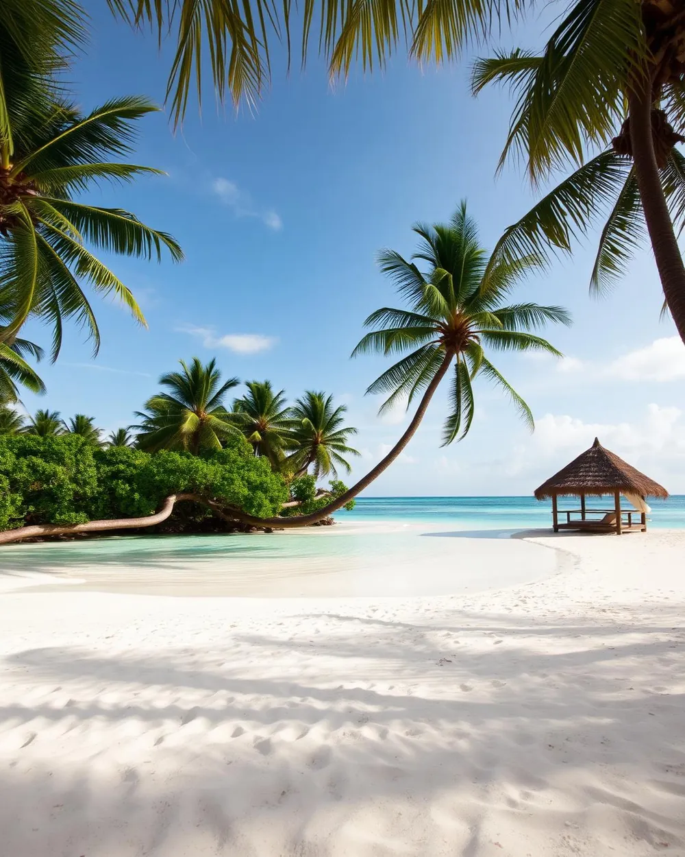 Secluded tropical cove with palms and clear turquoise water