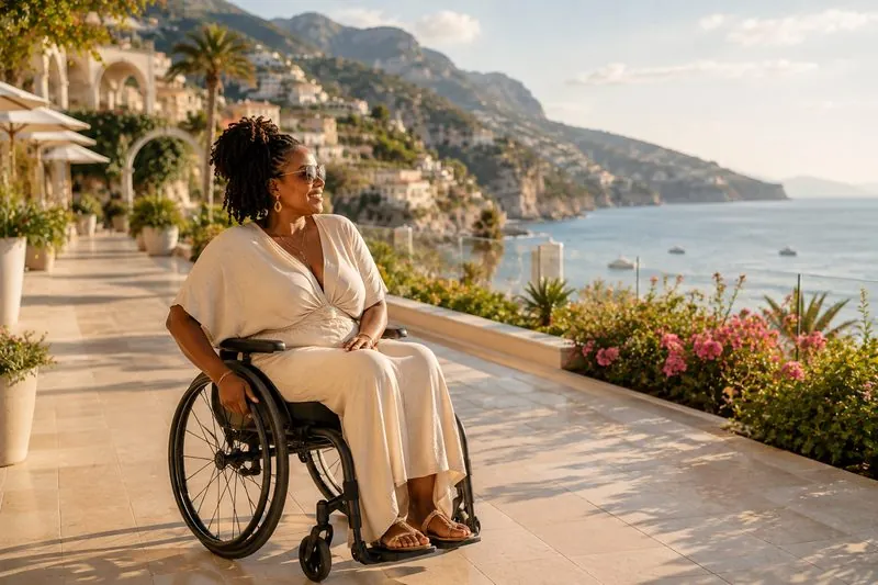 Woman in a wheelchair enjoying a luxury Mediterranean coastal terrace
