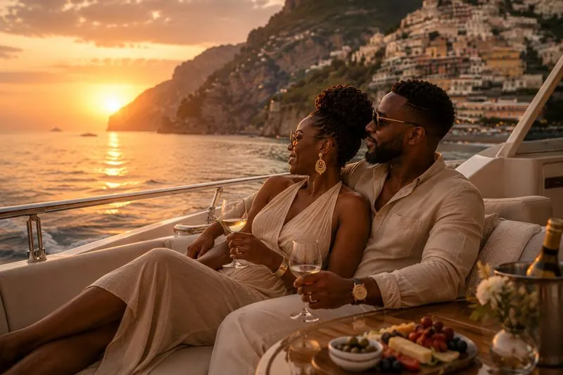 Couple on a private yacht at sunset in Positano