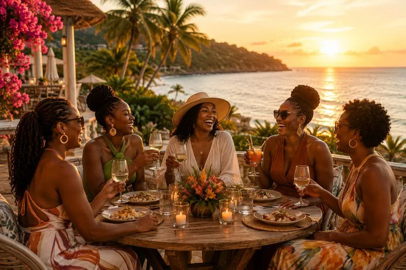 Women celebrating together at a beachside sunset dinner