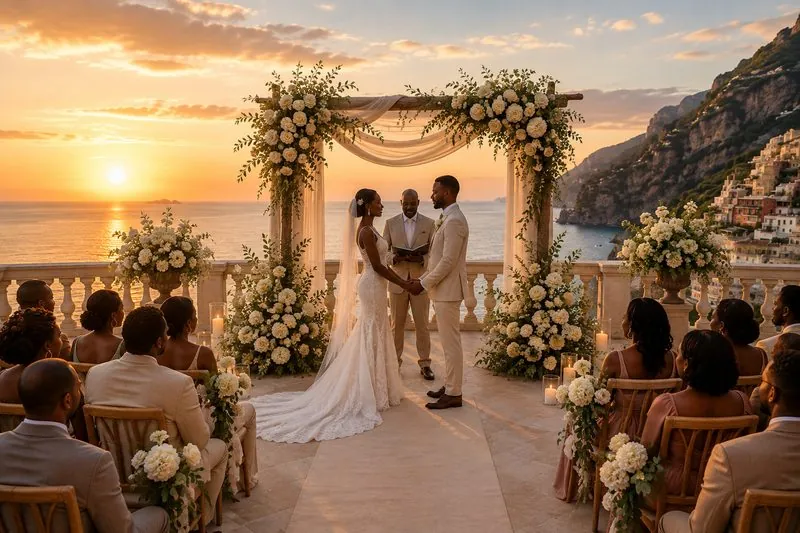 Destination wedding ceremony at sunset