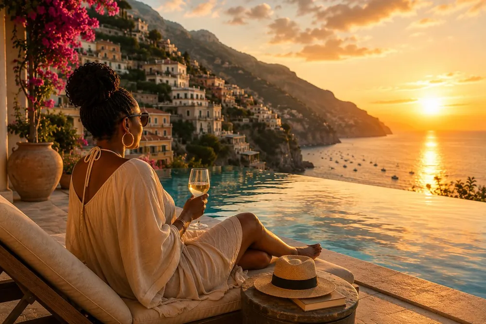 Woman relaxing at a luxury infinity pool at golden hour
