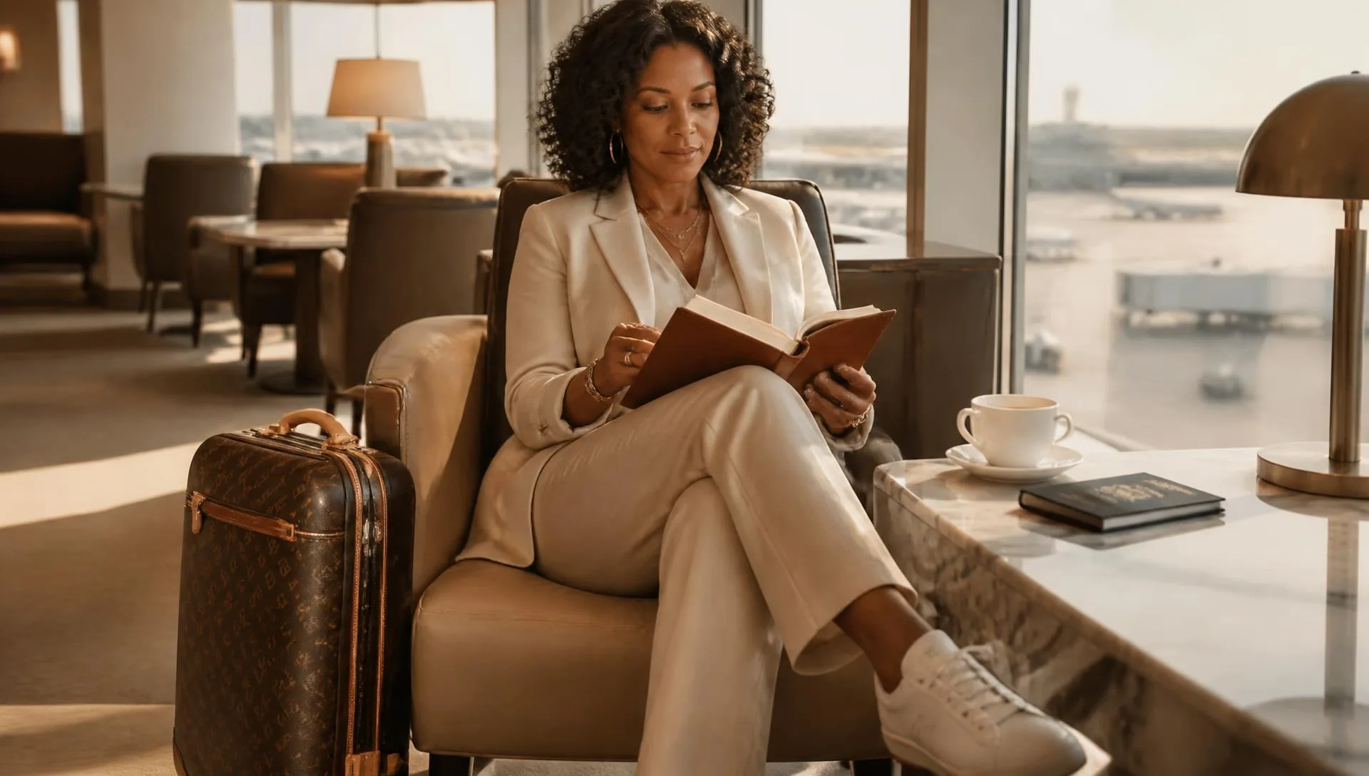 A traveler in an airy airport lounge writing in a leather travel journal beside her carry-on at golden hour