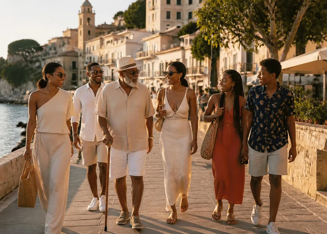 A multigenerational group of travelers walking and talking together along a sunlit coastal promenade, one using a walking cane