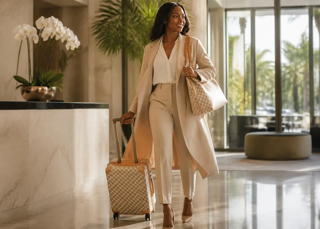 A traveler crossing a sunlit hotel lobby with a premium carry-on suitcase and matching shoulder tote