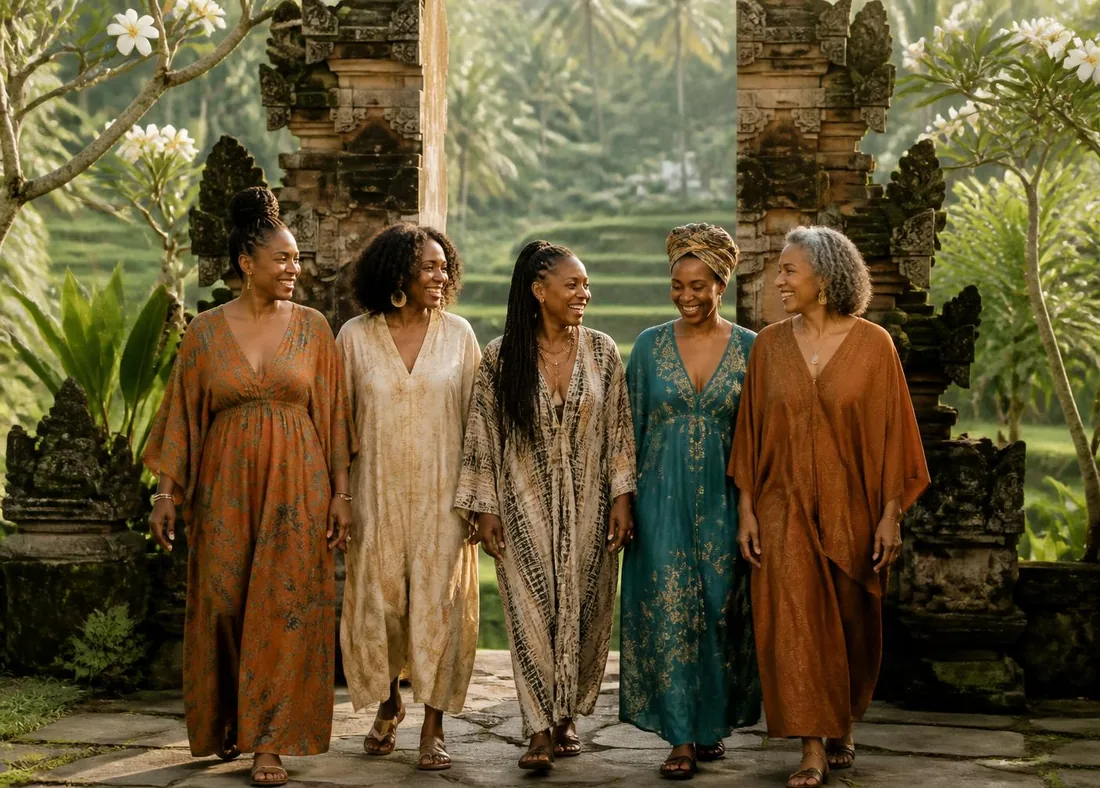 Five women walking and laughing together on a stone path through a lush Balinese garden, each in a distinctly different flowing resort dress