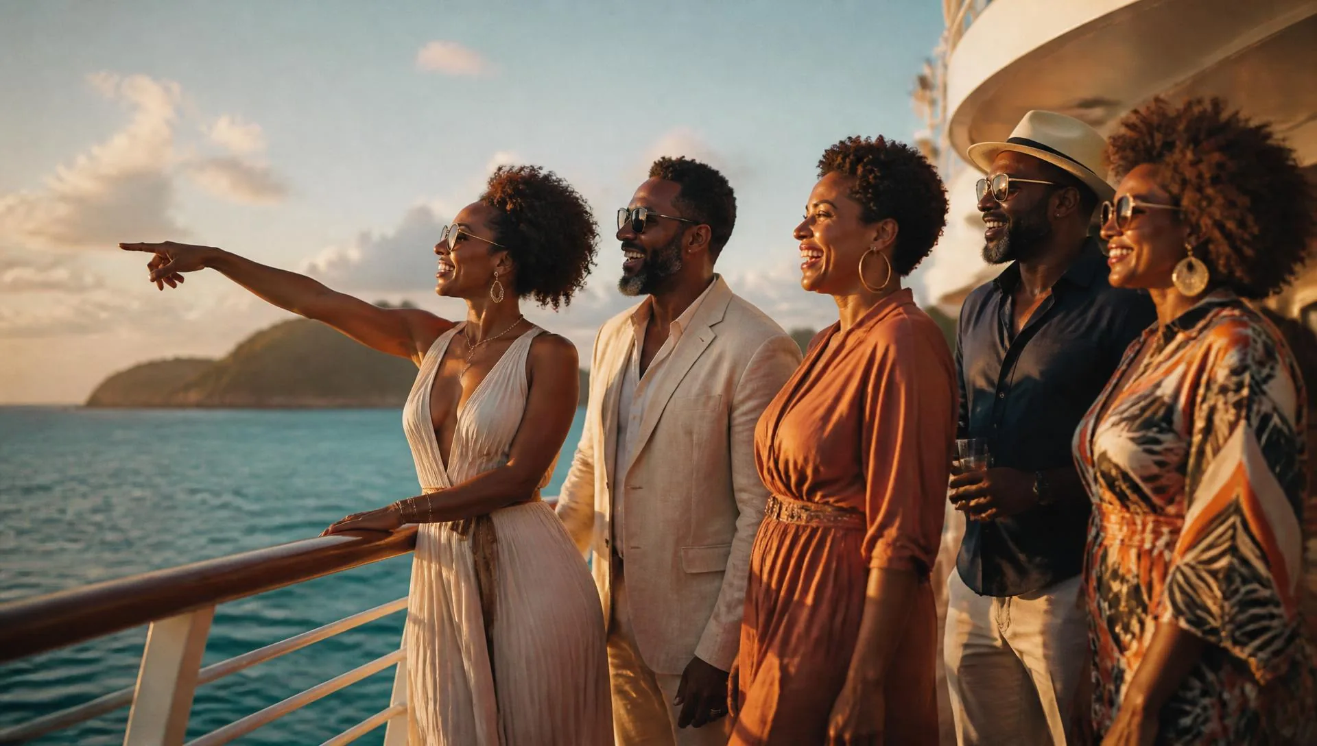 Travelers laughing at the railing of a ship deck at golden hour, looking out over turquoise water toward an island on the horizon