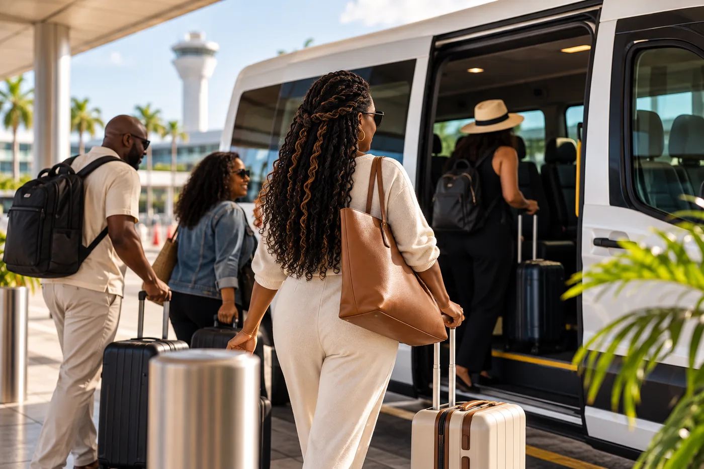 Travelers with luggage boarding a transfer van at an airport arrivals curb